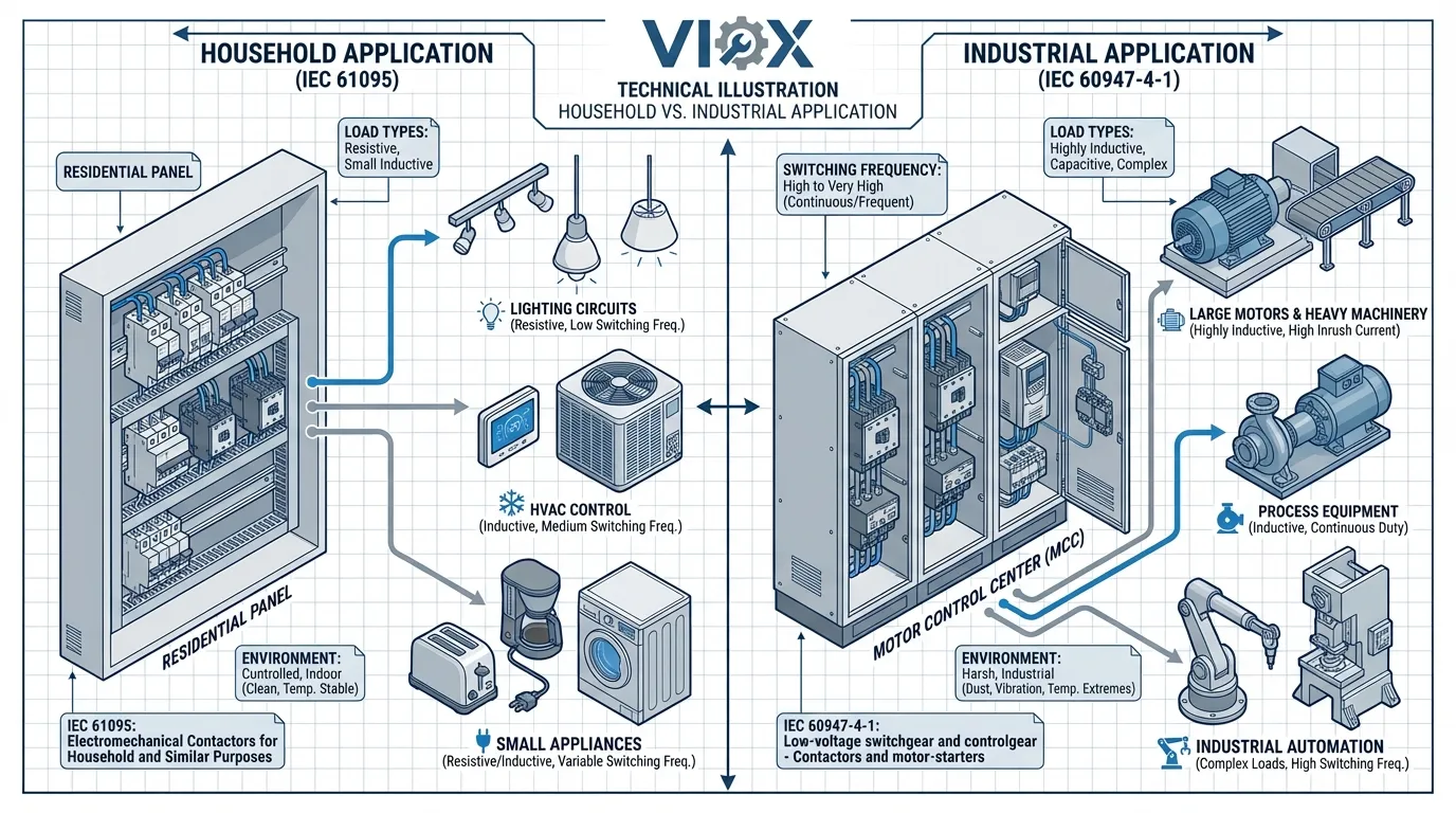 Household contactors Application Environment Diagram showing residential vs industrial usage