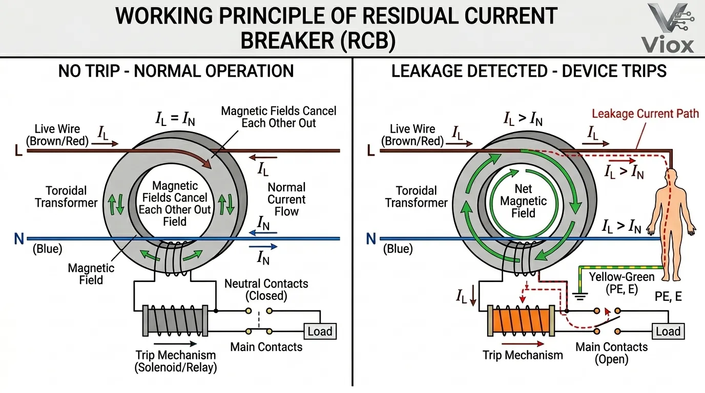 Bagaimana Diagram Kerja RCB Pemutus Arus Sisa yang menunjukkan deteksi keseimbangan arus