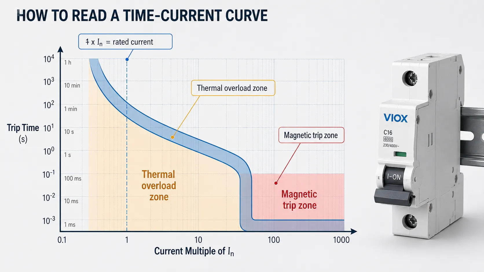 How to read a circuit breaker time-current curve with current and trip time axes.