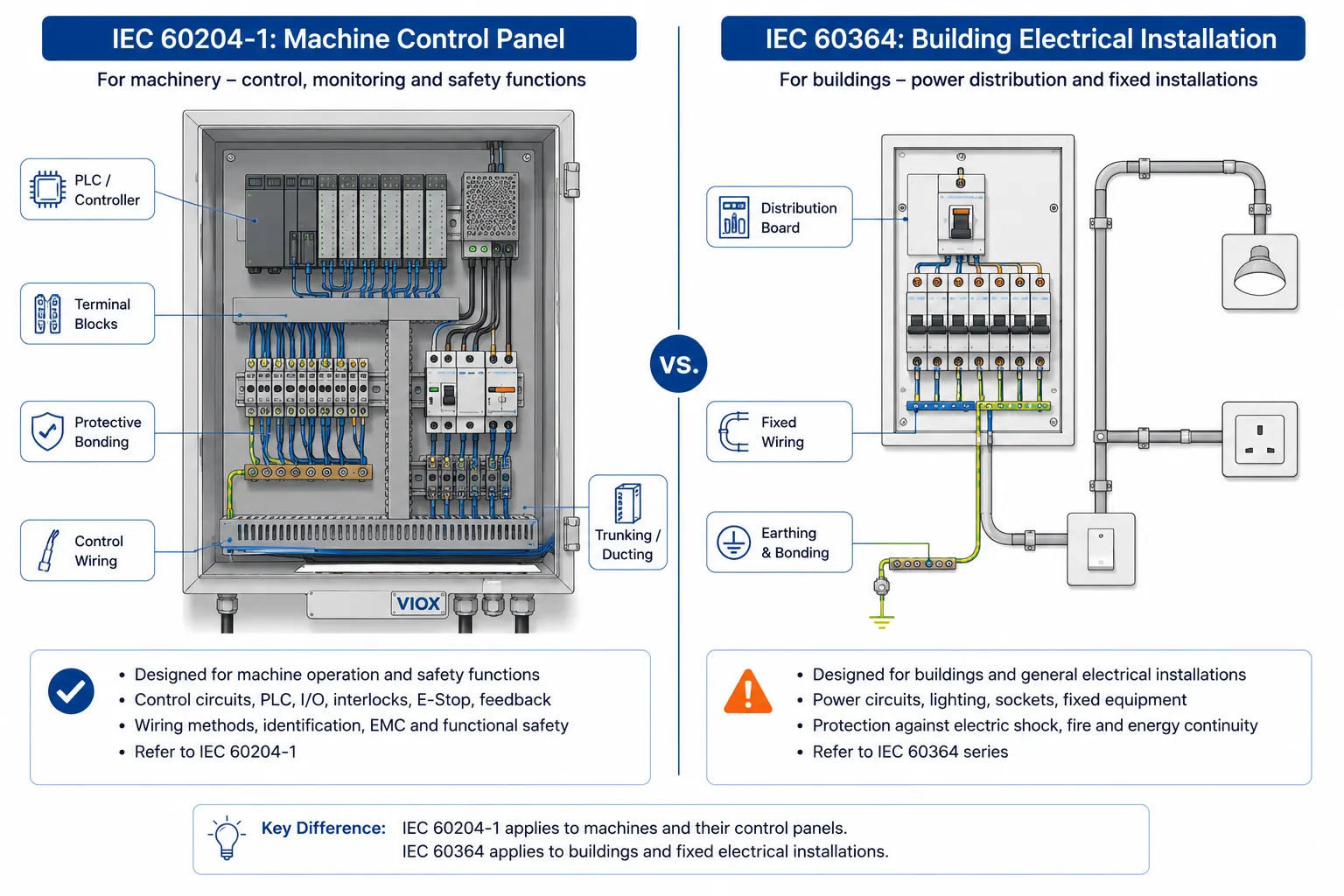 IEC 60204-1 machine control panel wiring compared with IEC 60364 building installation wiring