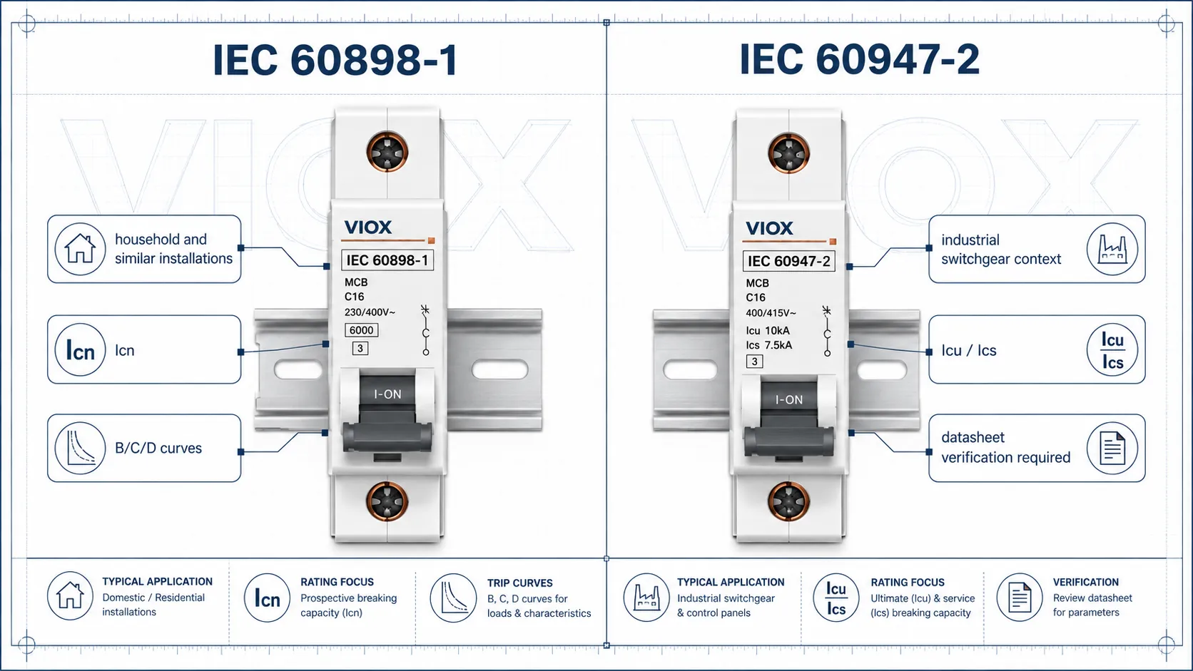 IEC 60898-1 and IEC 60947-2 MCB nameplate markings compared showing Icn for household MCBs and Icu Ics for industrial circuit breakers