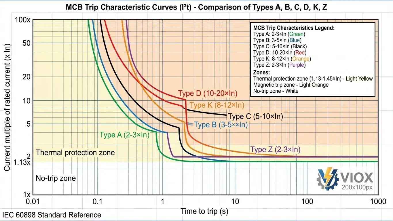 เส้นโค้งลักษณะการตัดวงจร MCB IEC 60898 เปรียบเทียบประเภท A ถึง Z