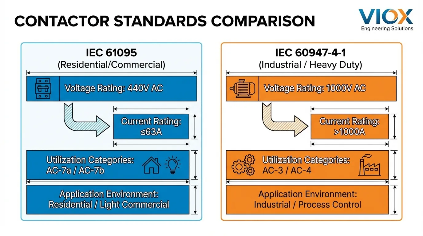 IEC 61095 and IEC 60947-4-1 Contactor Standards Comparison Diagram showing voltage, current, and categories
