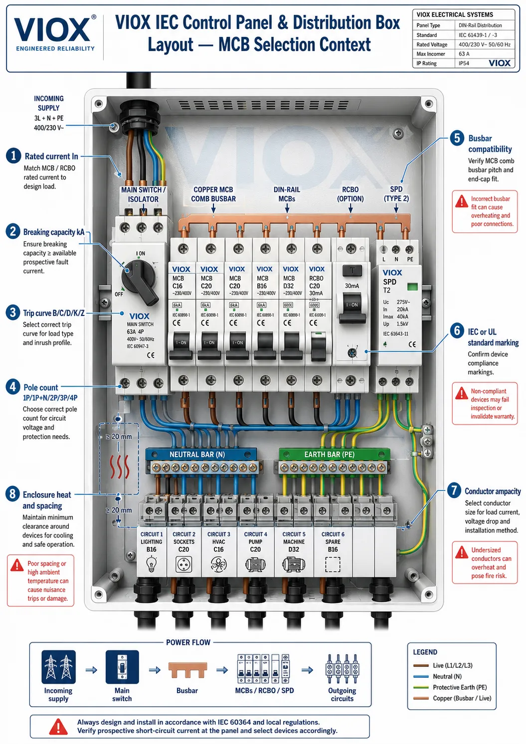 IEC distribution box and OEM panel diagram showing MCB selection factors including current rating, breaking capacity, trip curve, poles, busbar compatibility, and conductor ampacity