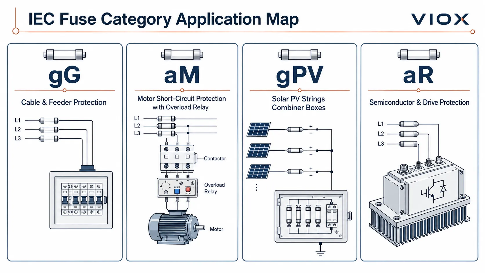 IEC fuse application map comparing gG, aM, gPV, and aR categories for cables, motors, solar PV, and semiconductor protection.