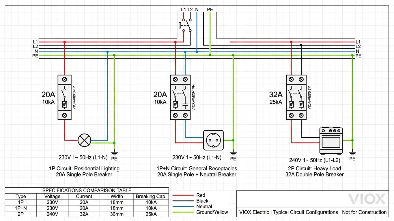 IEC single line diagram showing applications for VIOX 1P, 1P+N, and 2P breakers