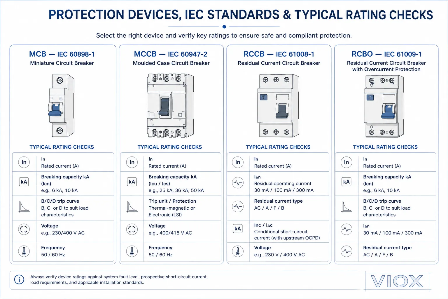 IEC standards and typical ratings for MCB MCCB RCCB and RCBO devices