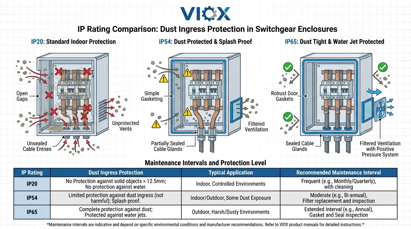 Διάγραμμα σύγκρισης βαθμολογίας IP που δείχνει τα επίπεδα προστασίας από την είσοδο σκόνης από IP20 έως IP65 σε περιβλήματα ηλεκτρικού εξοπλισμού