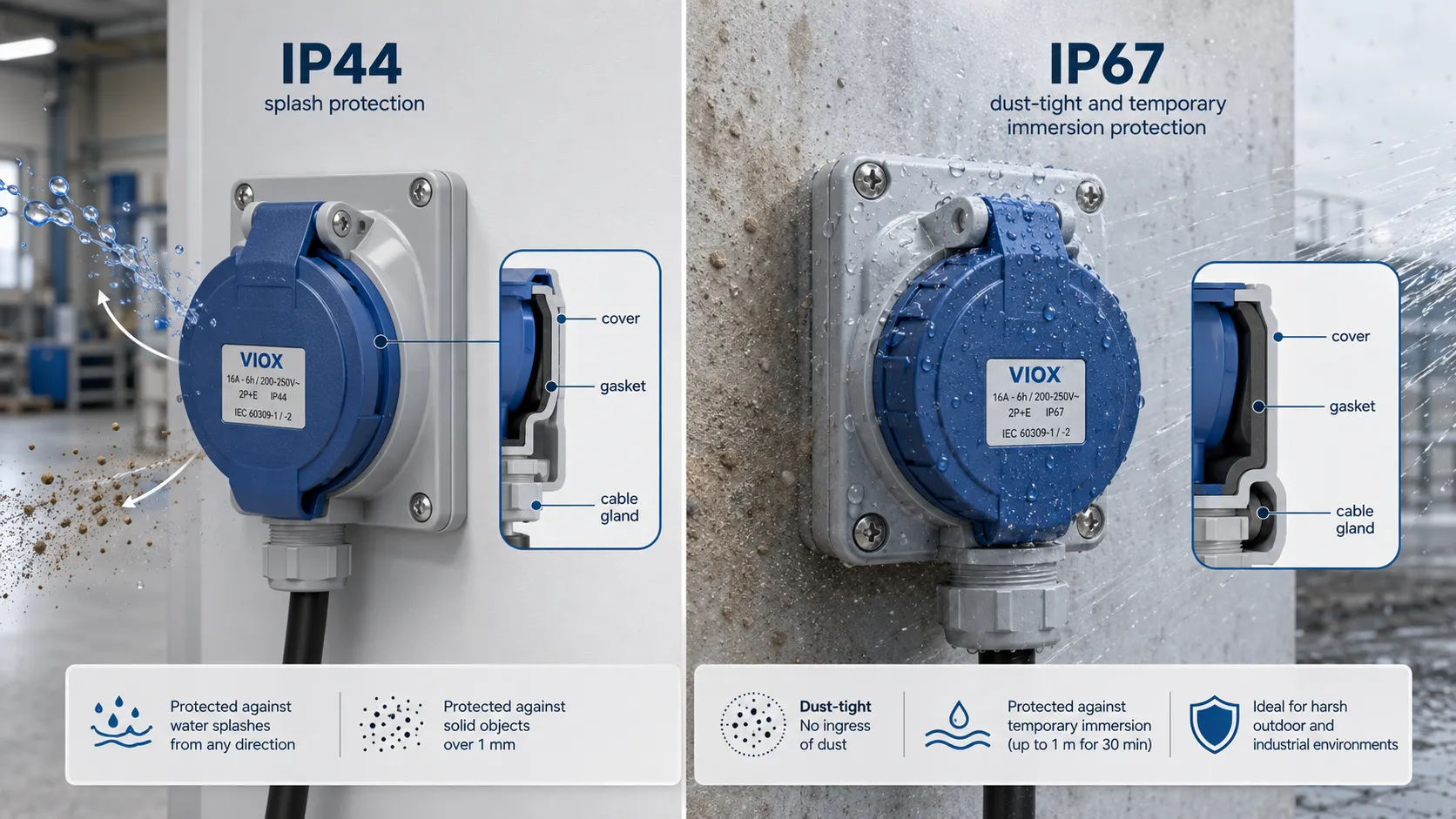 IP44 vs IP67 industrial socket protection comparison for splashproof and watertight applications.