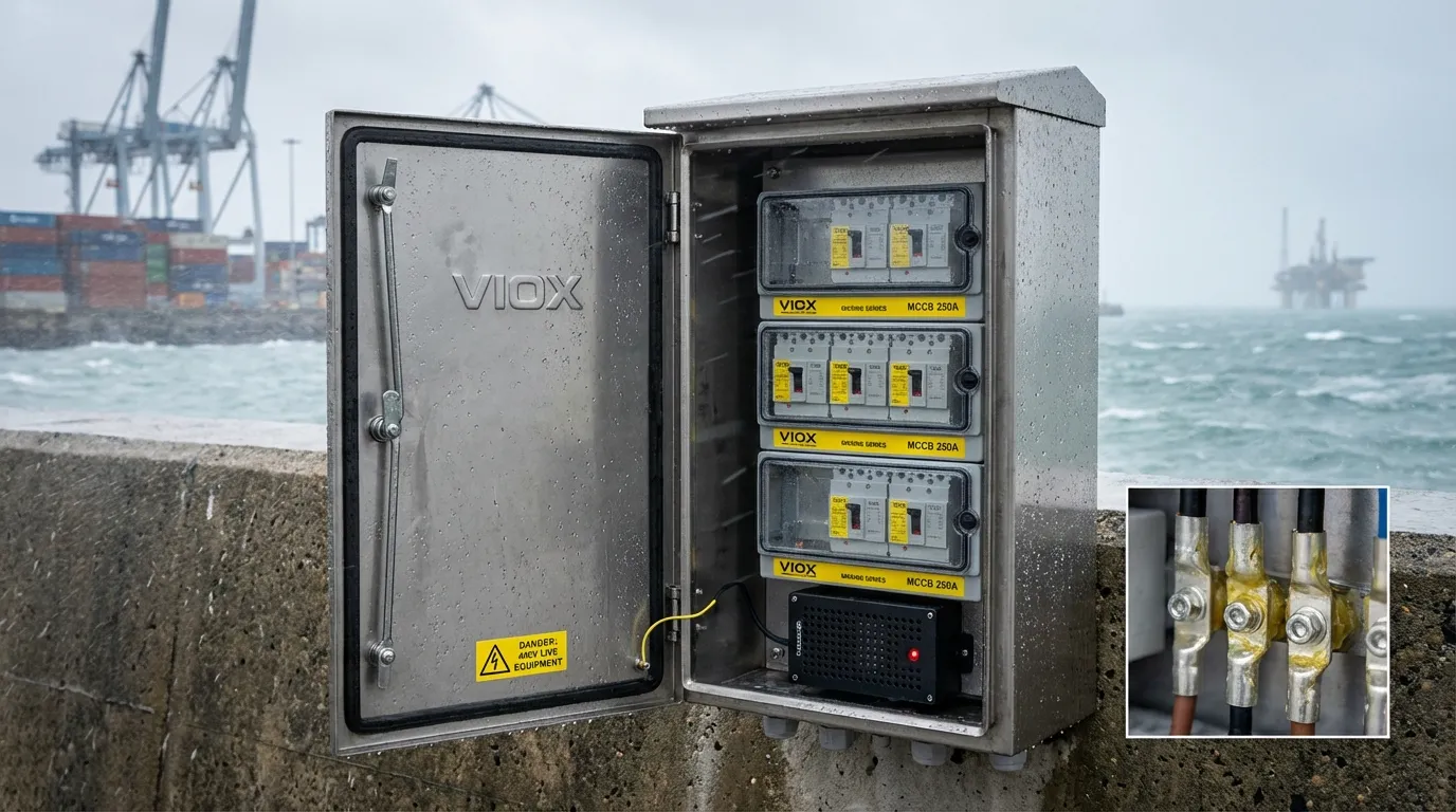 IP65-rated VIOX MCCB installation sa coastal port facility na may corrosion-resistant terminals at aktibong dehumidification system