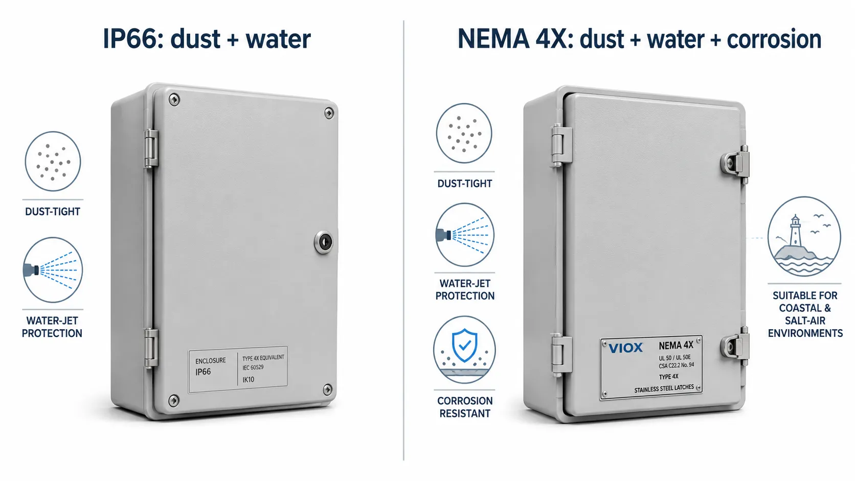 IP66 does not equal NEMA 4X because corrosion resistance is not covered by the IP rating alone.