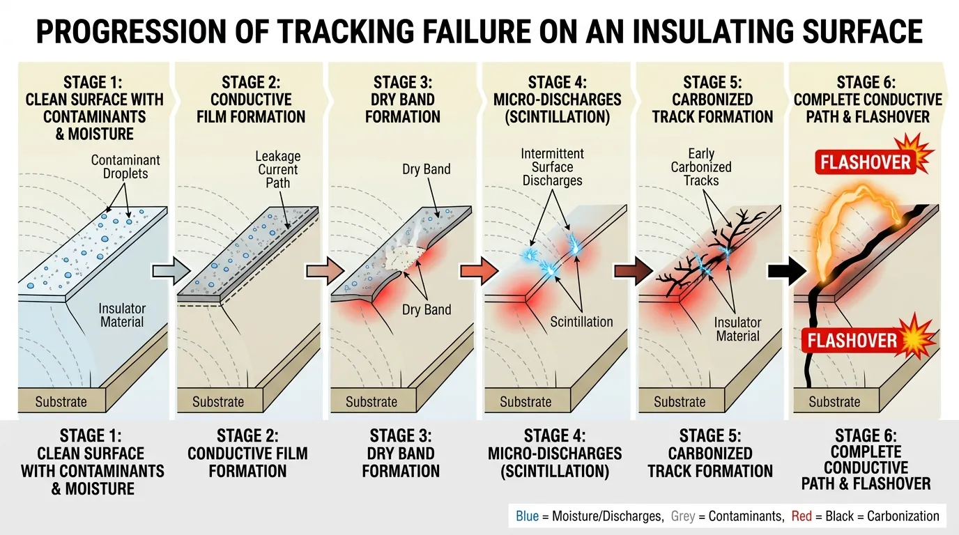 Ilustração mostrando o processo de falha de trilhamento em seis estágios em uma superfície isolante