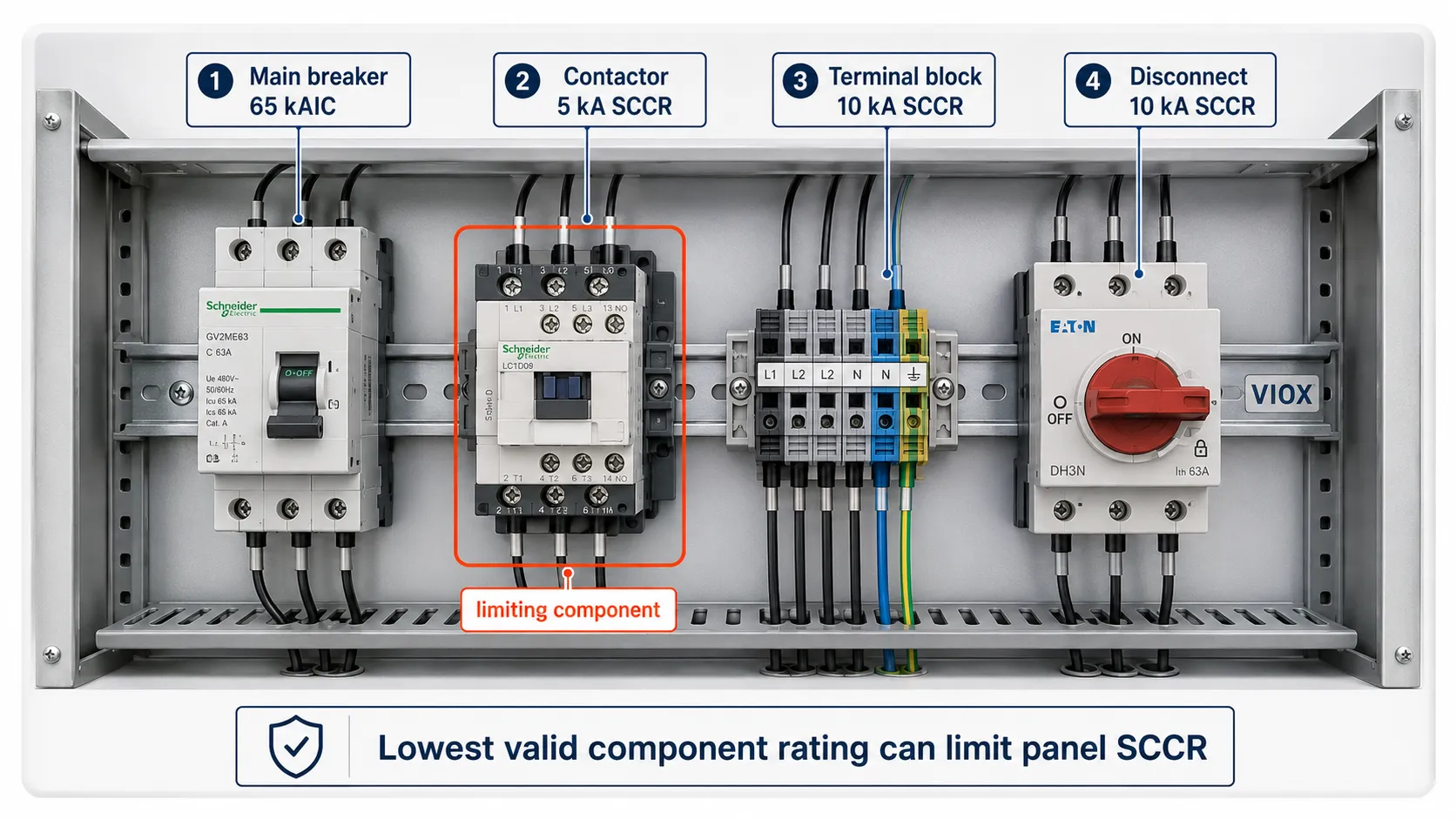 Industrial control panel SCCR calculation showing the lowest-rated component limiting the panel rating.