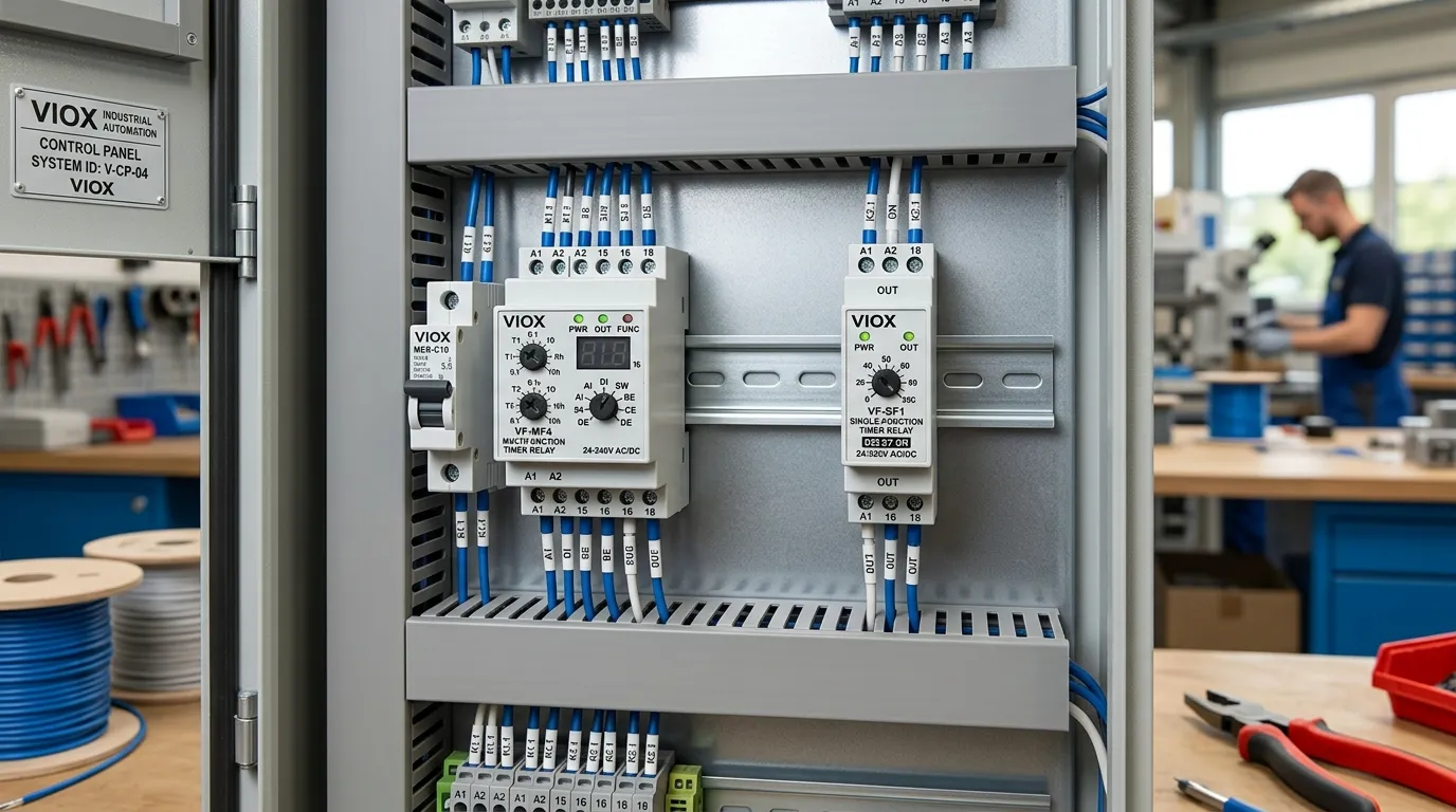 Průmyslový ovládací panel zobrazující multifunkční a jednofunkční časová relé vedle sebe