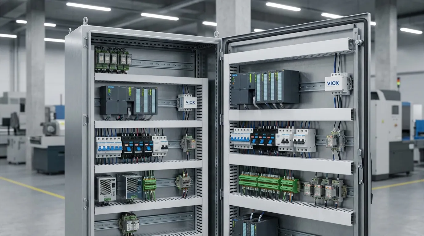 Panneau de commande industriel avec automates programmables, disjoncteurs et composants d'automatisation montés sur rail DIN Installation VIOX Electric