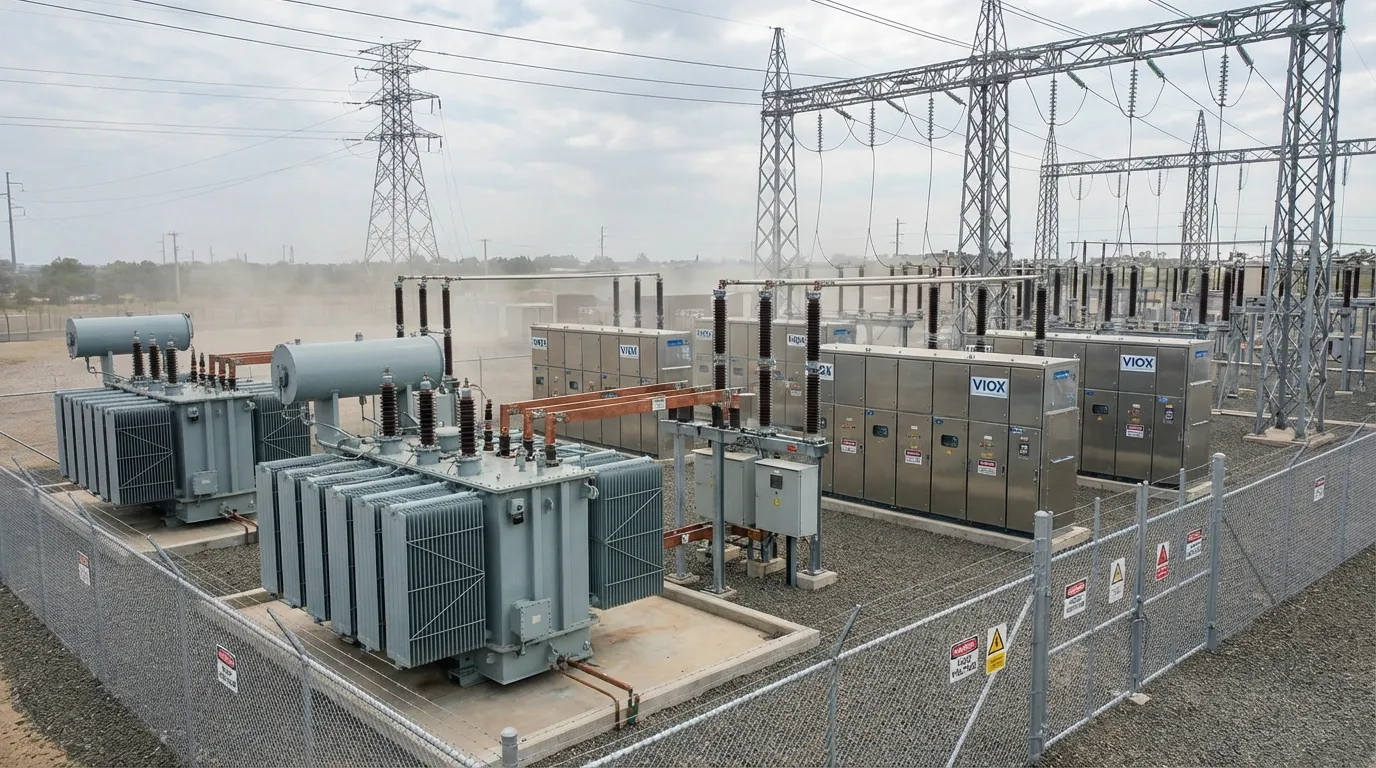نظام توزيع كهربائي صناعي يوضح تحويل الجهد من نقل الجهد العالي إلى توزيع الجهد المنخفض باستخدام معدات VIOX