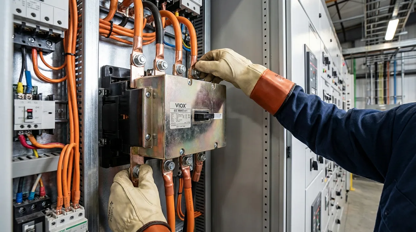 Industrial electrician installing IEC 60947-4-1 compliant VIOX contactor in motor control center for heavy-duty applications