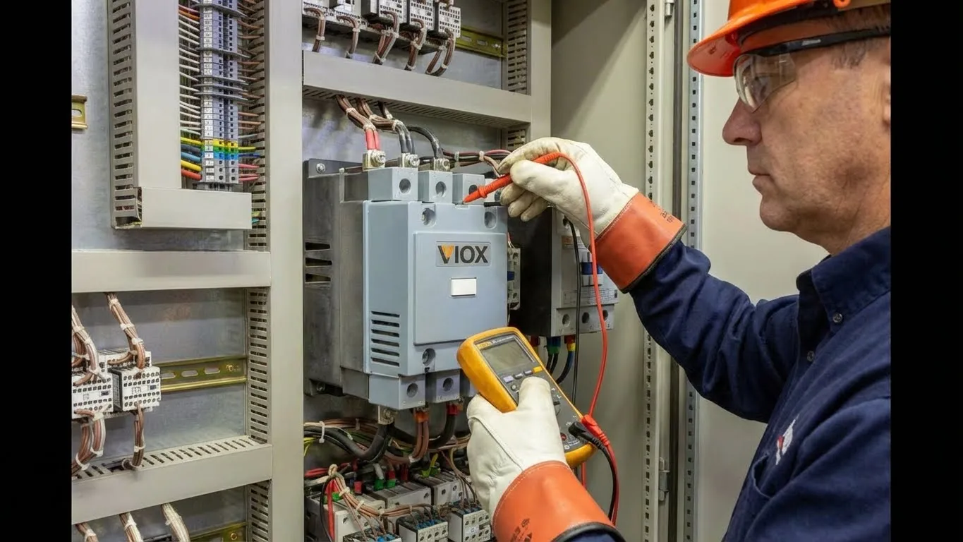 برقکار صنعتی در حال انجام بازرسی نگهداری پیشگیرانه بر روی کنتاکتور VIOX با مولتی‌متر در MCC