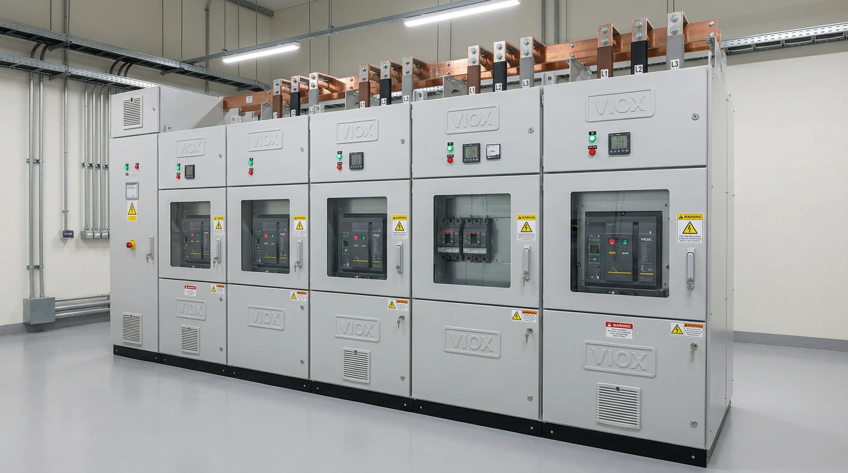 Industrial low voltage switchgear assembly with VIOX branding showing multiple compartments, busbar connections, and circuit protection devices in clean substation environment