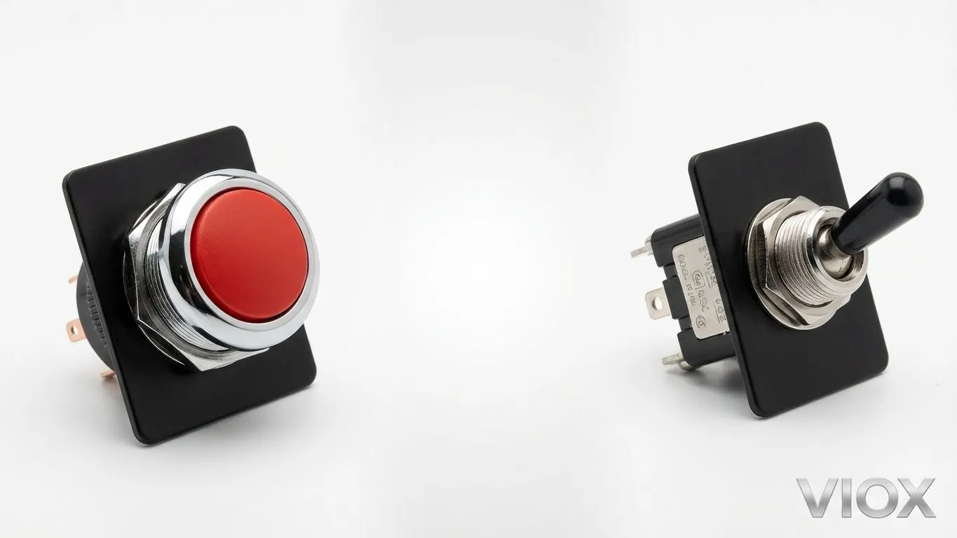22 mm kırmızı basma düğmesi anahtarı ve siyah toggle anahtarının VIOX logosuyla panellere monte edilmiş halini karşılaştıran endüstriyel ürün fotoğrafı