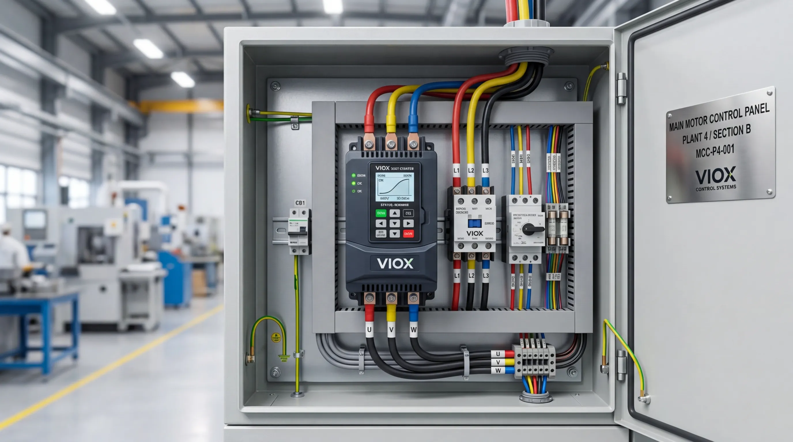 Industrial soft starter installed in a motor control panel