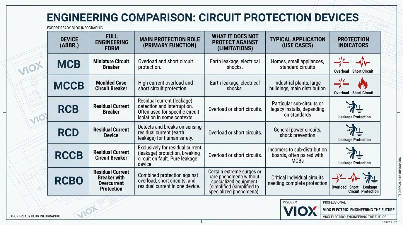 Infographic comparing the differences between MCB, MCCB, RCB, RCD, RCCB, and RCBO