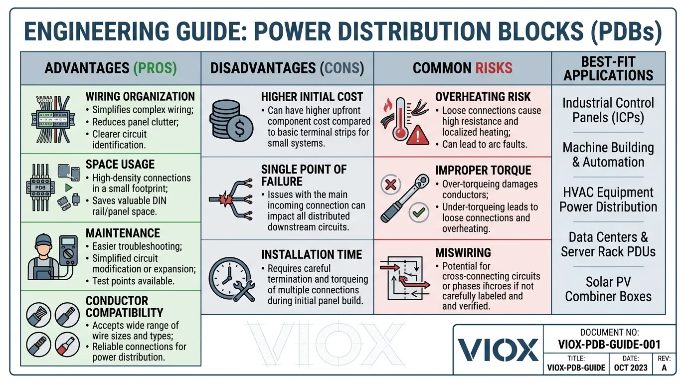 Infografik, die die Vor- und Nachteile von Stromverteilerblöcken vergleicht