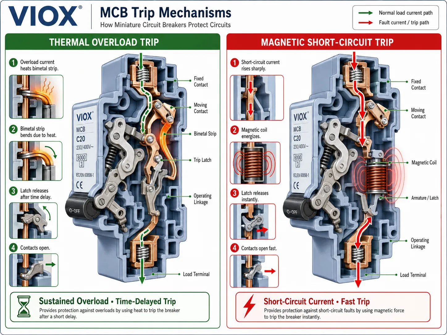 Infographic comparing thermal overload tripping and magnetic short-circuit tripping inside an MCB