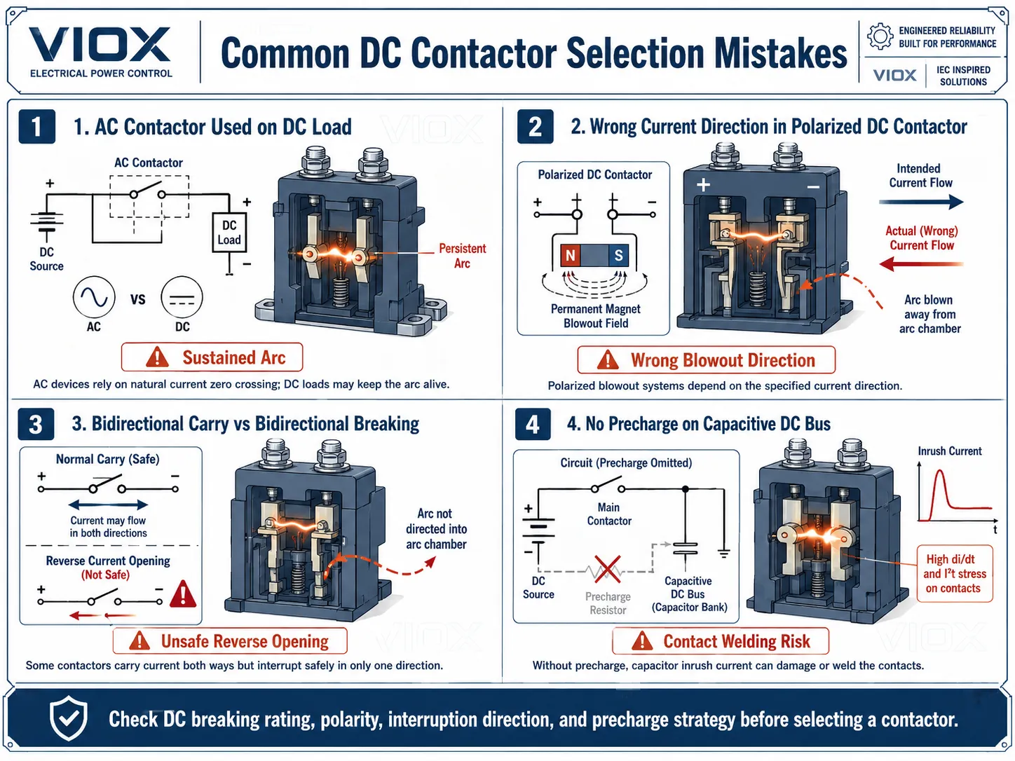 Infographic showing common DC contactor selection mistakes including AC contactor misuse, wrong polarity, bidirectional breaking confusion, and missing precharge