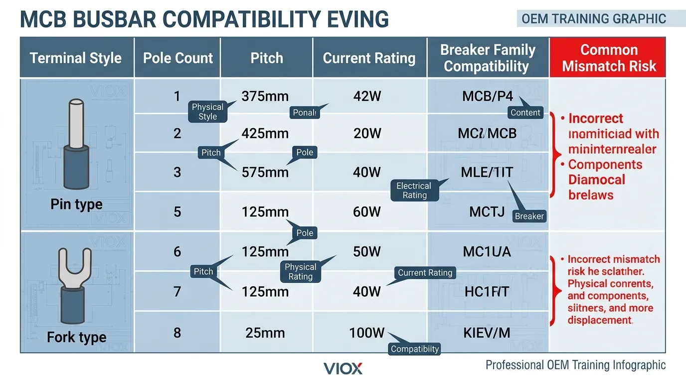 Infographic showing key compatibility factors for matching MCB busbars with circuit breakers
