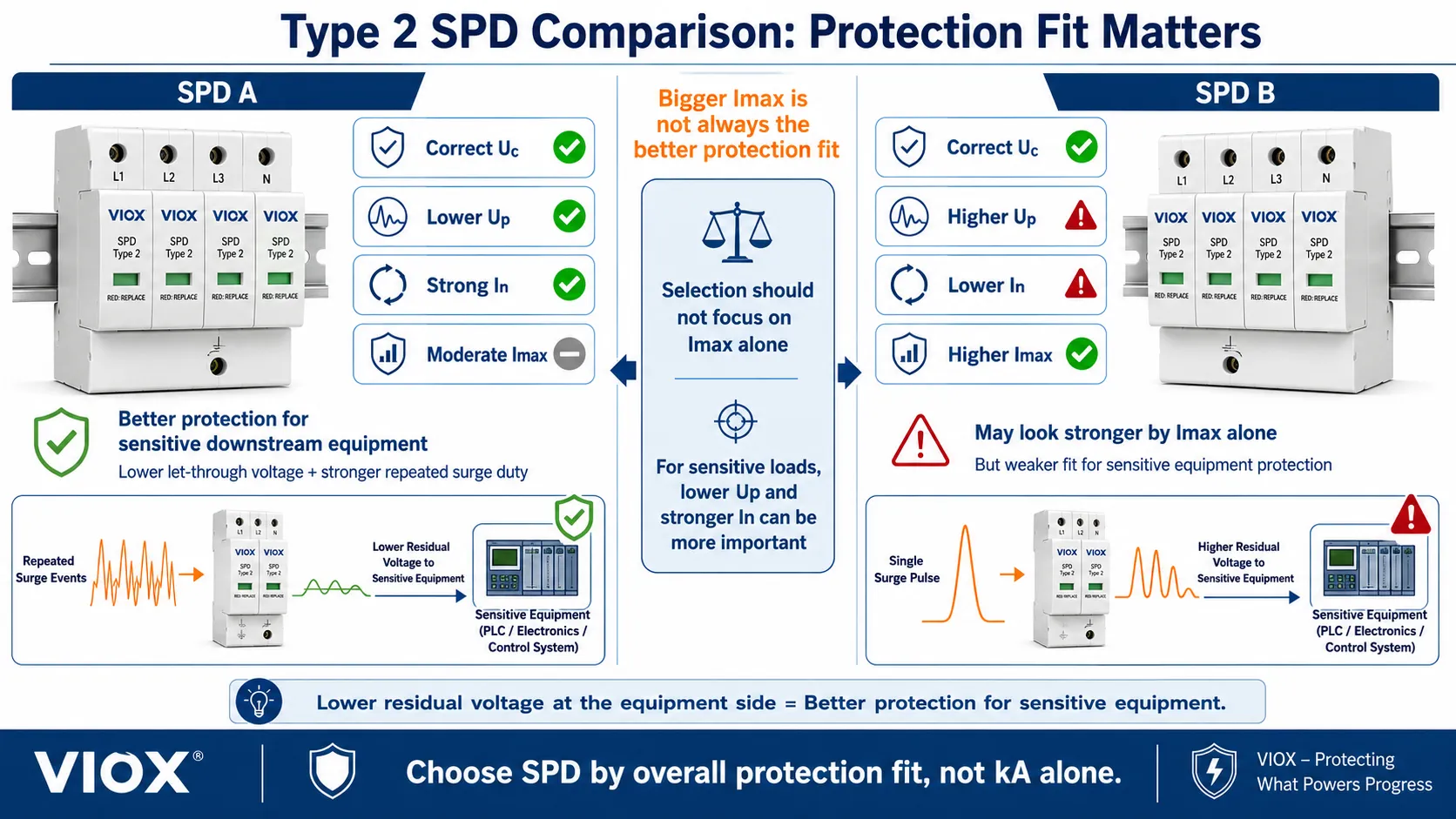 Infographic warning that higher Imax alone does not make an SPD better if Uc, Up, and In are not suitable