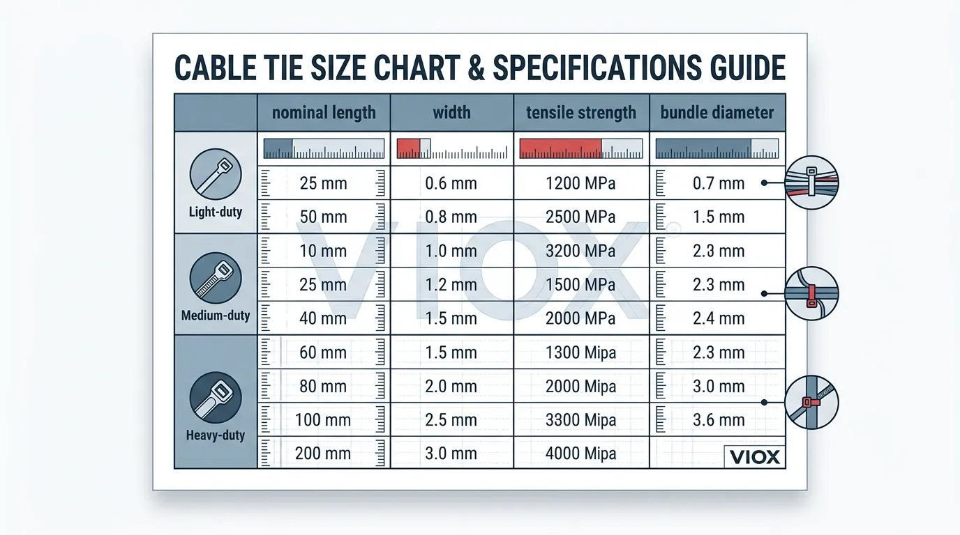Infographic with cable tie size chart for length width tensile strength and bundle diameter