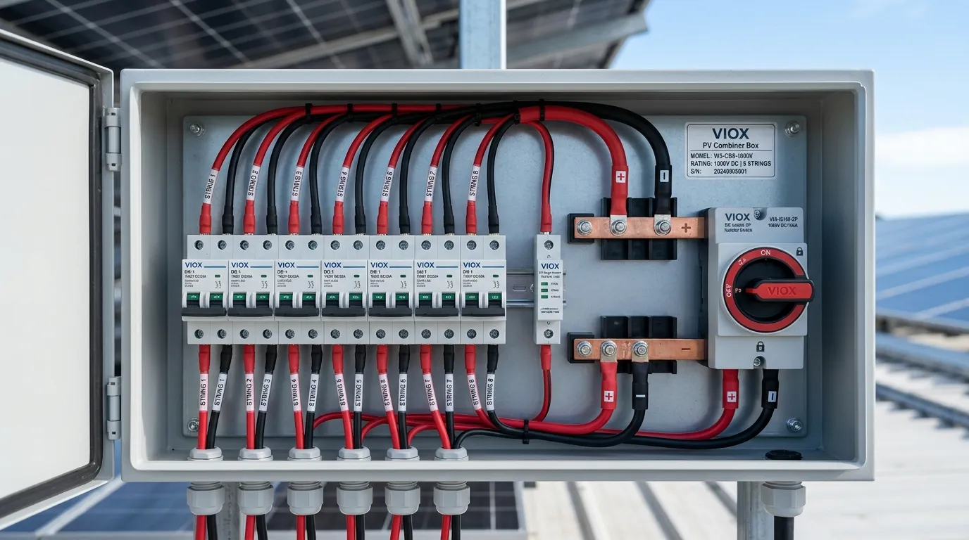 Inside a solar combiner box showing DC breakers and an output-side DC isolator