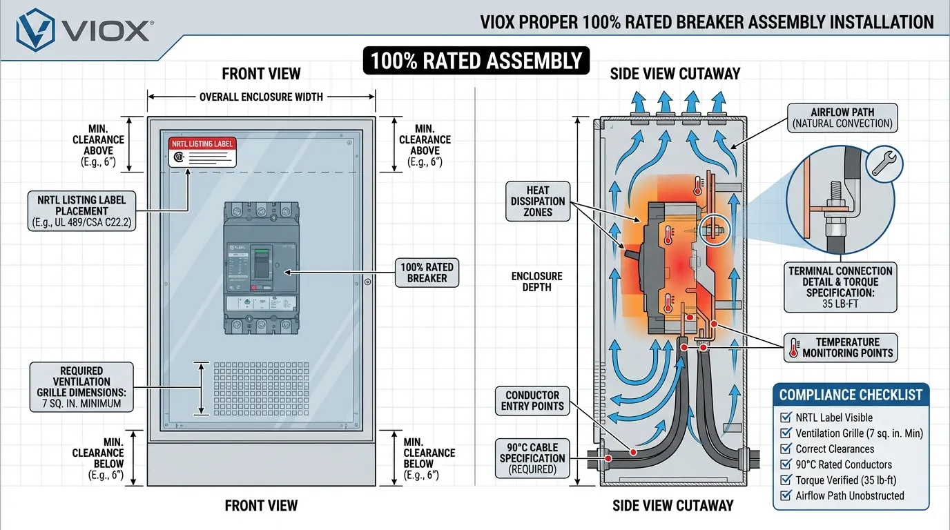 نمودار الزامات نصب برای مجموعه قطع کننده مدار VIOX با رتبه 100% که مشخصات تهویه و هادی را نشان میدهد