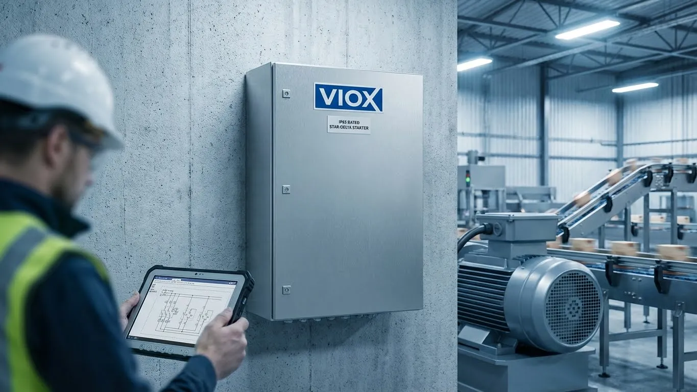 ຕິດຕັ້ງແຜງຄວບຄຸມສະຕາດເຕີມໍເຕີ Star-Delta ຂອງ VIOX ໃນໂຮງງານອຸດສາຫະກໍາທີ່ມີລະບົບມໍເຕີເຮັດວຽກ
