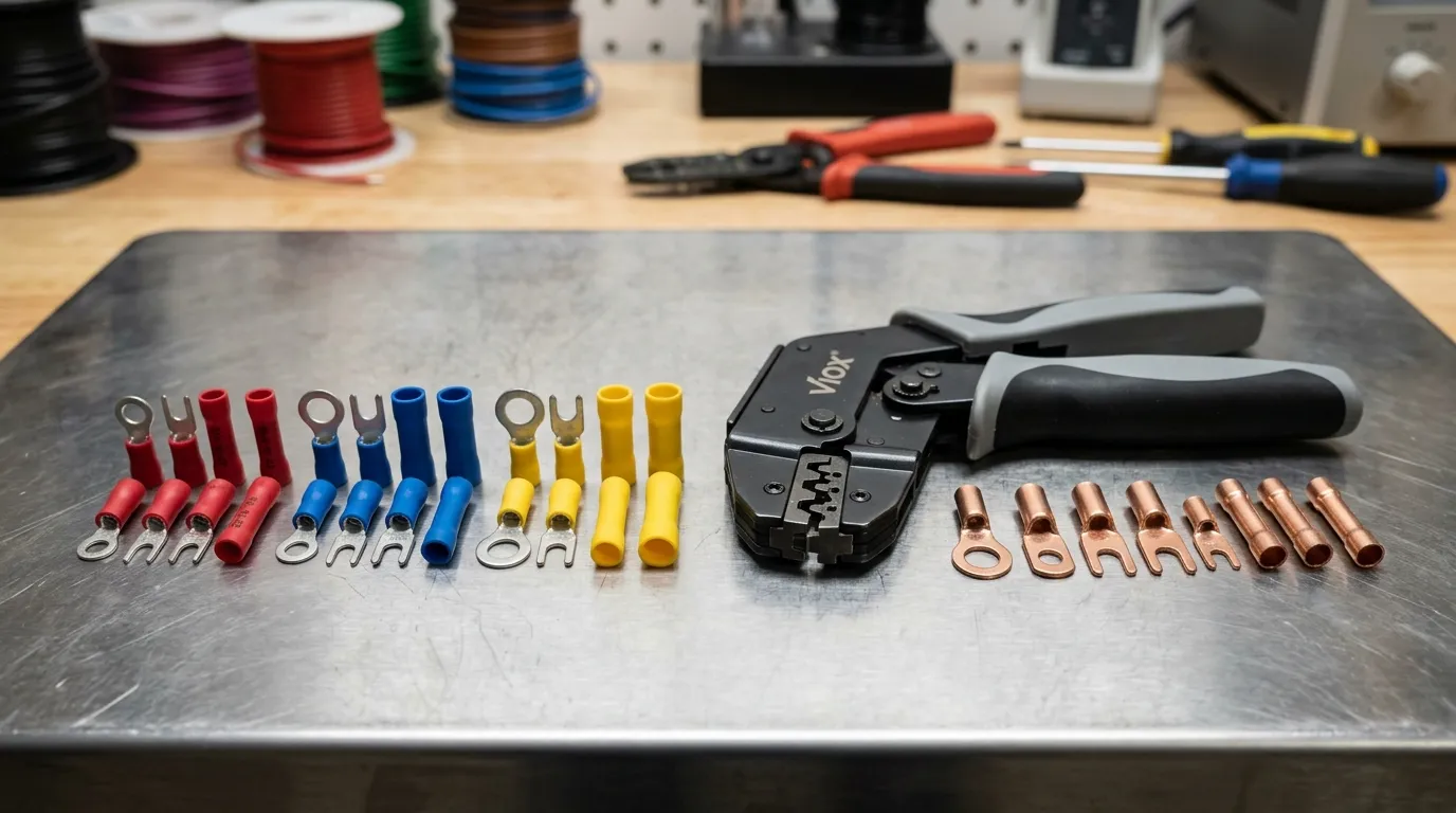Insulated and non-insulated crimp terminals side by side on workbench with VIOX crimping tool