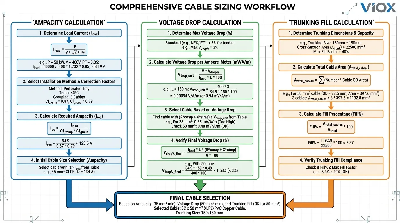 Diagram alur kerja penentuan ukuran kabel terintegrasi yang menunjukkan perhitungan kapasitas arus, penurunan tegangan, dan kapasitas trunking secara simultan