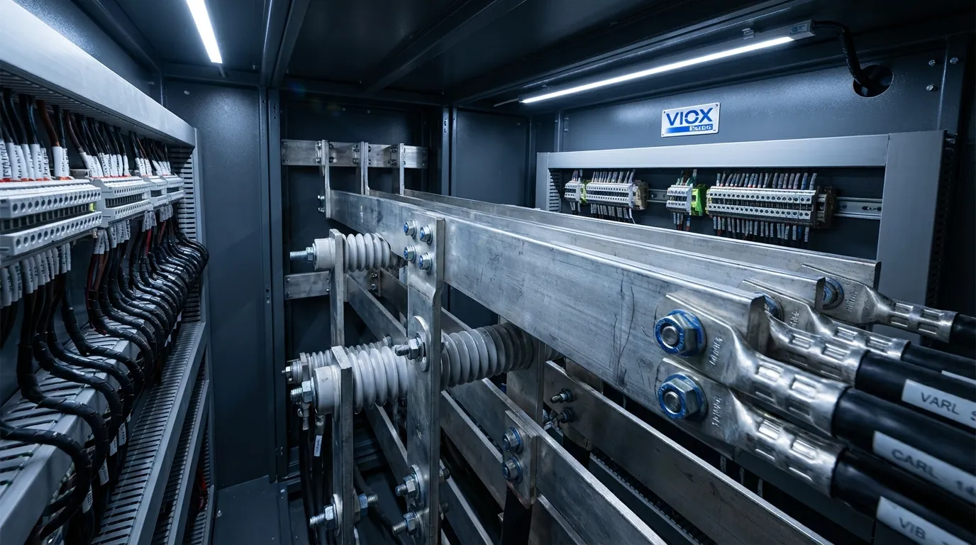 ภายในแผงสวิตช์เกียร์อุตสาหกรรมแสดงการติดตั้งบัสบาร์ทองแดงเคลือบดีบุก