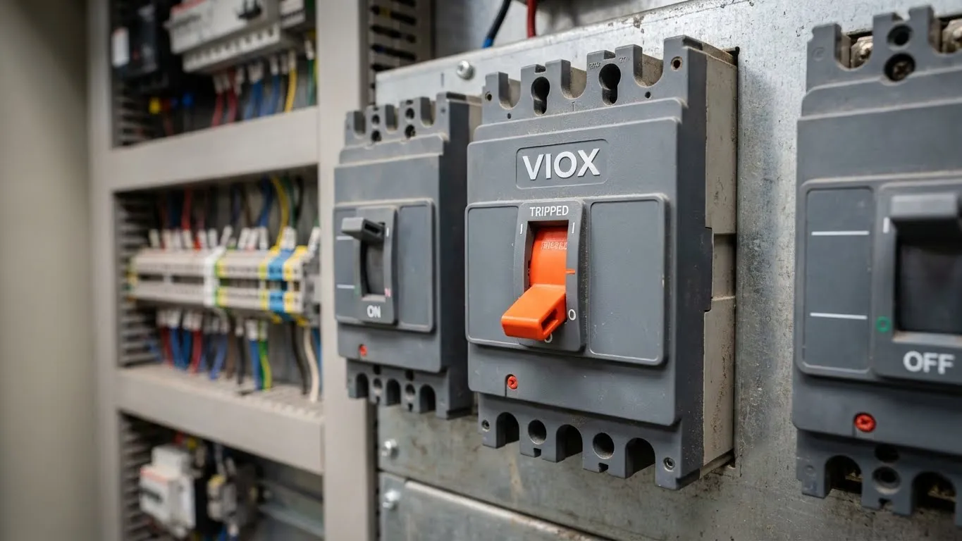 มุมมองภายในของ Automatic Transfer Switch (ATS) คลาส CB ของ VIOX แสดง Circuit Breaker แบบ Molded Case โดยมีเบรกเกอร์หนึ่งตัวอยู่ในตำแหน่ง Trip