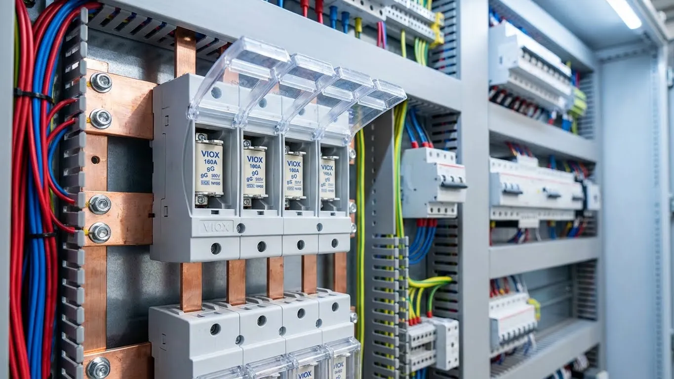 Внутренний вид промышленной распределительной панели с установленными разъединителями-предохранителями VIOX NH