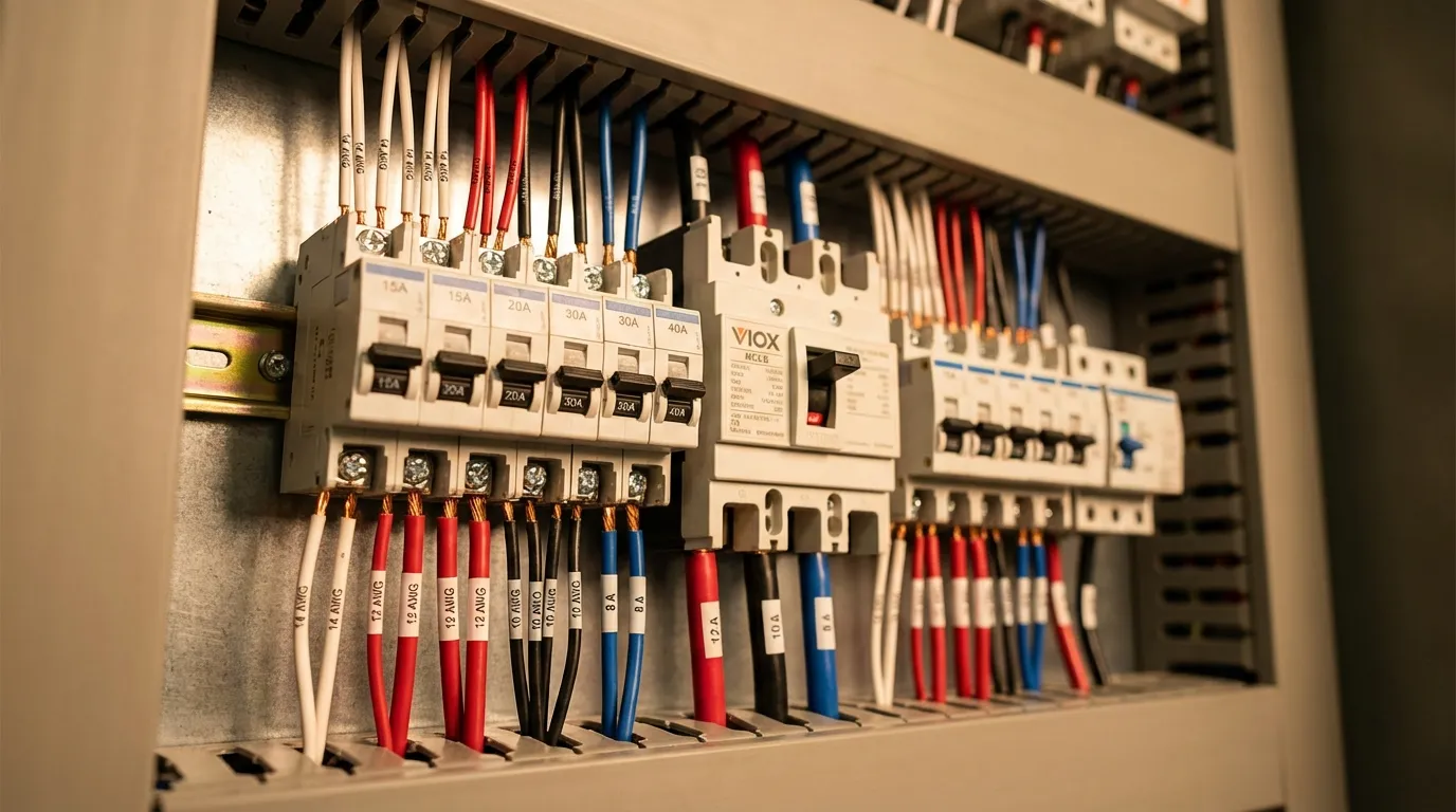 Interior view of industrial electrical panel showing VIOX circuit breakers with properly sized copper wire conductors terminated according to NEC ampacity requirements