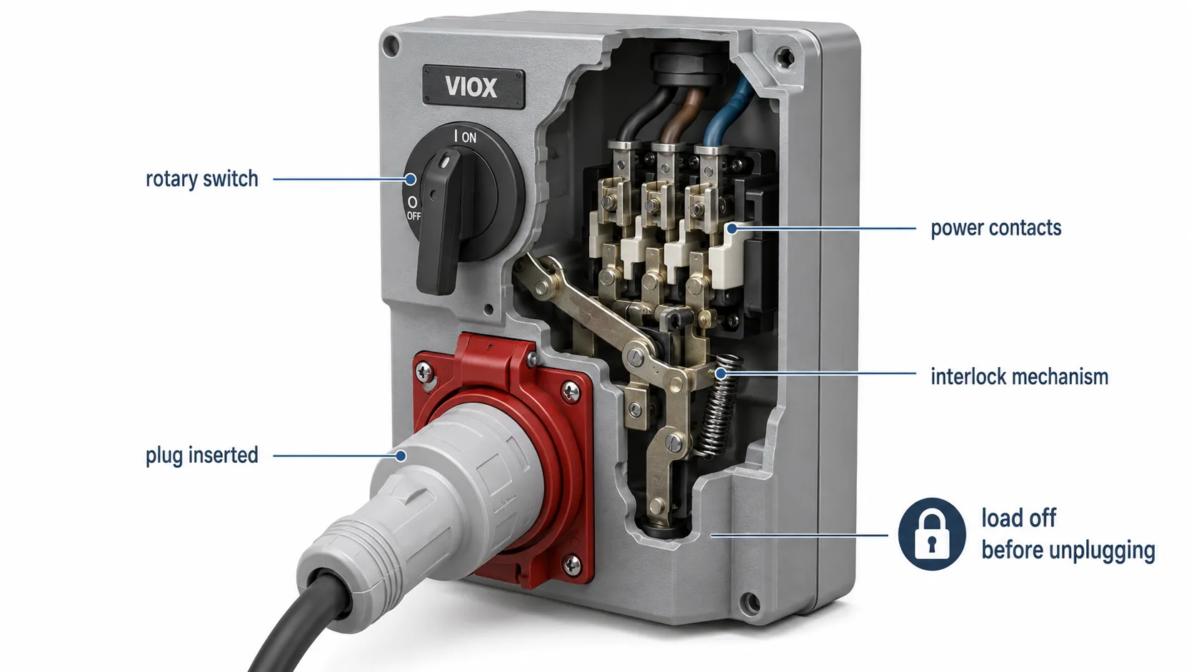 Interlocked industrial socket diagram showing the switch mechanism preventing plug removal under load.