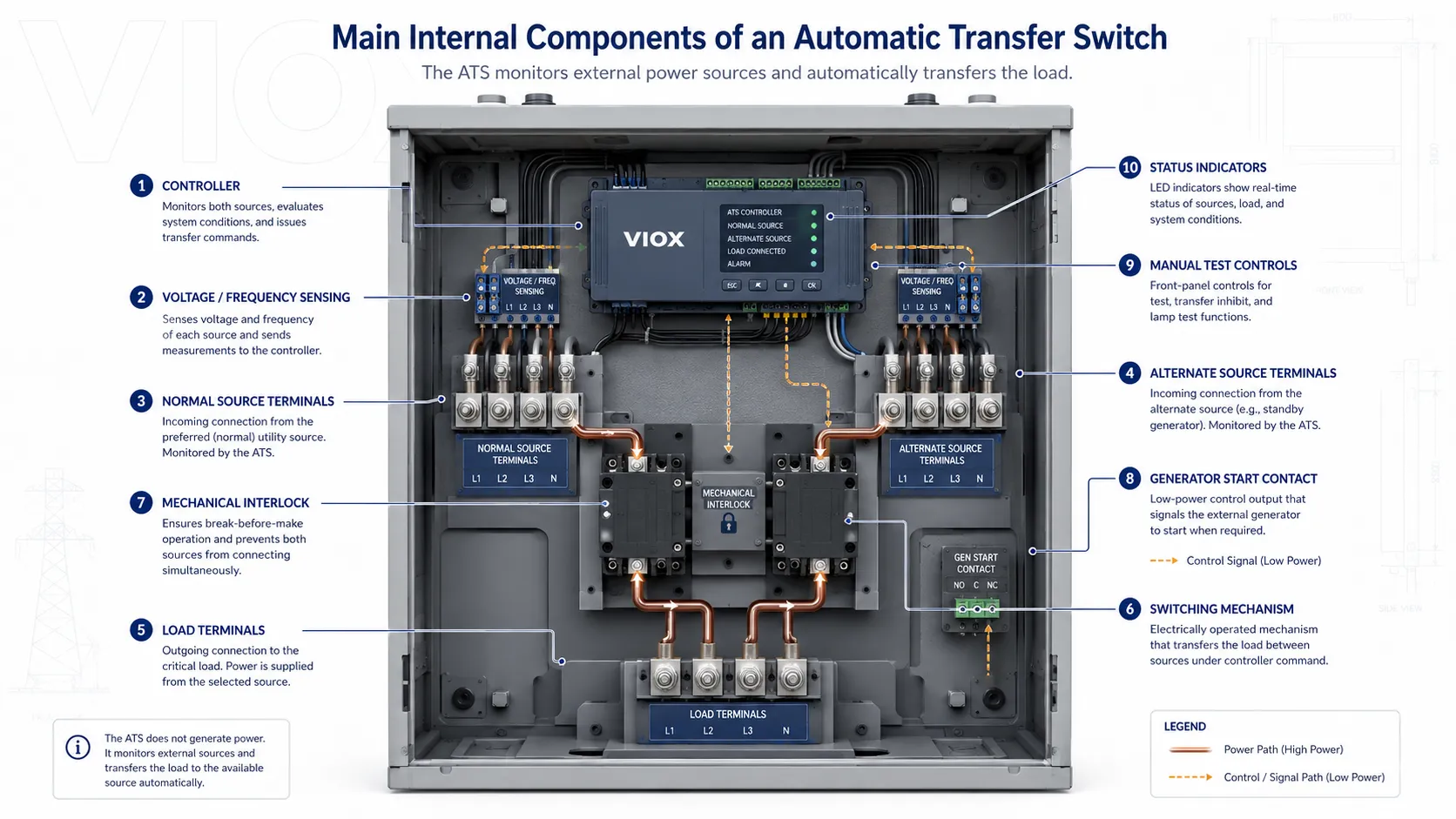 Internal components of an automatic transfer switch including controller, sensing circuit, interlock, terminals, and switching mechanism