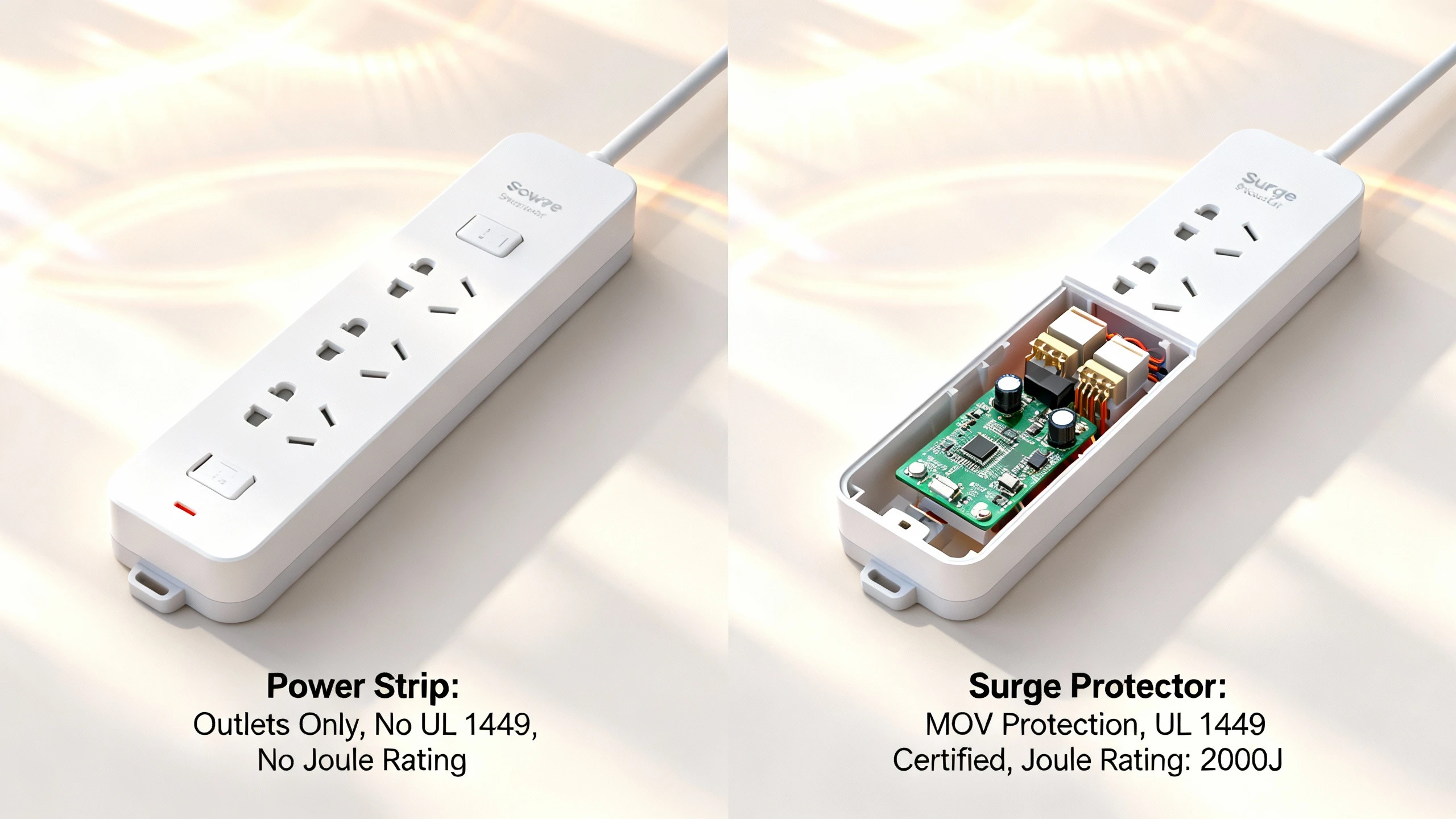 Internal construction differences between a basic power strip and a surge protector