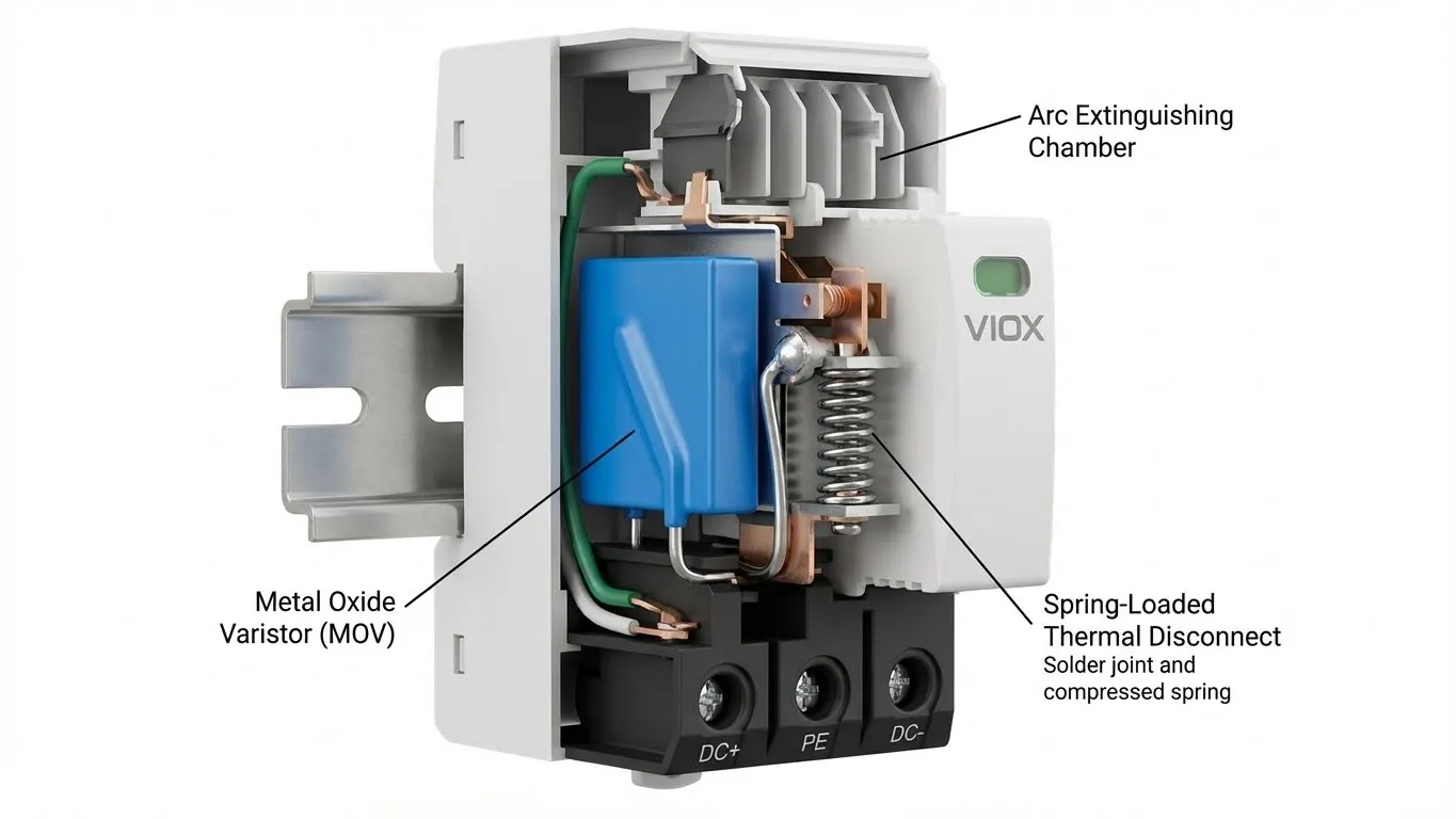 Vnitřní pohled na modul přepěťové ochrany VIOX s tepelnou odpojovací pojistkou a MOV komponenty navrženými k zabránění tepelnému úniku