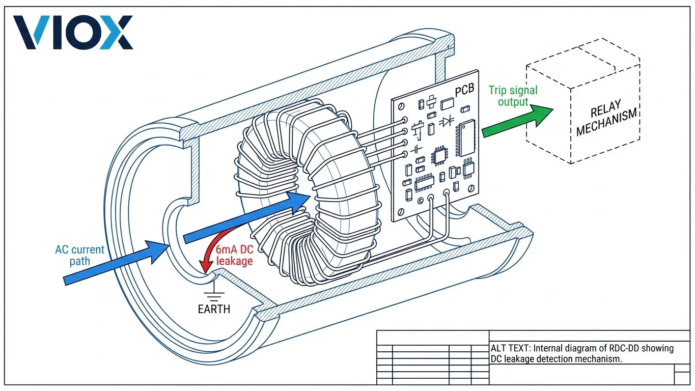 Az RDC-DD belső diagramja, amely a DC szivárgásérzékelő mechanizmust mutatja