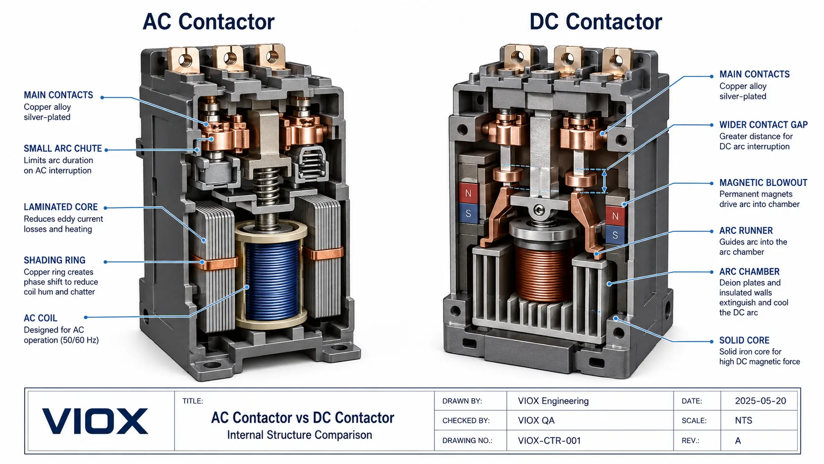 Internal structure comparison of an AC contactor laminated core and a DC contactor solid core with arc suppression.