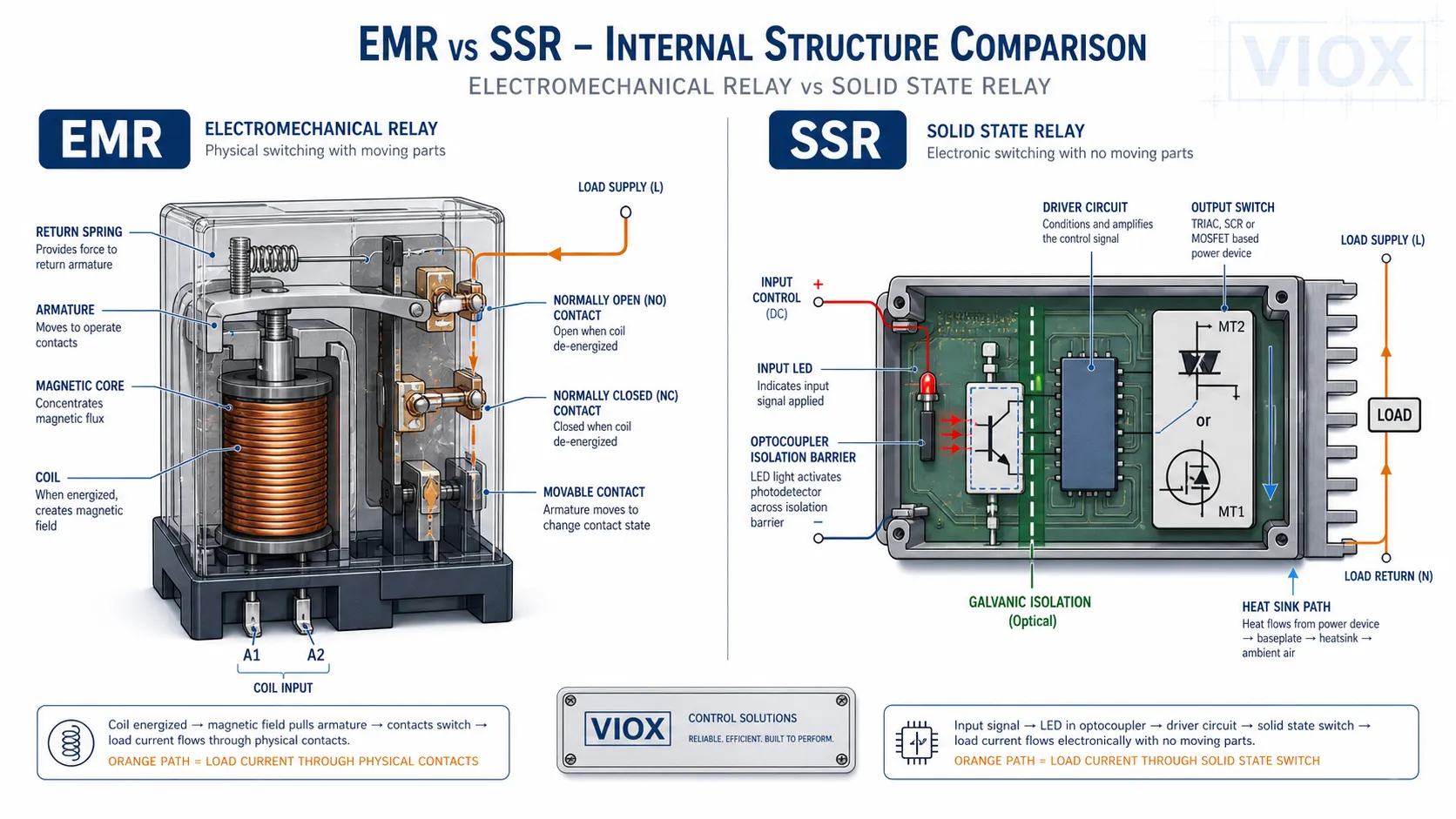 Internal structure comparison of EMR coil, contacts, armature and SSR optocoupler, semiconductor output showing switching path differences