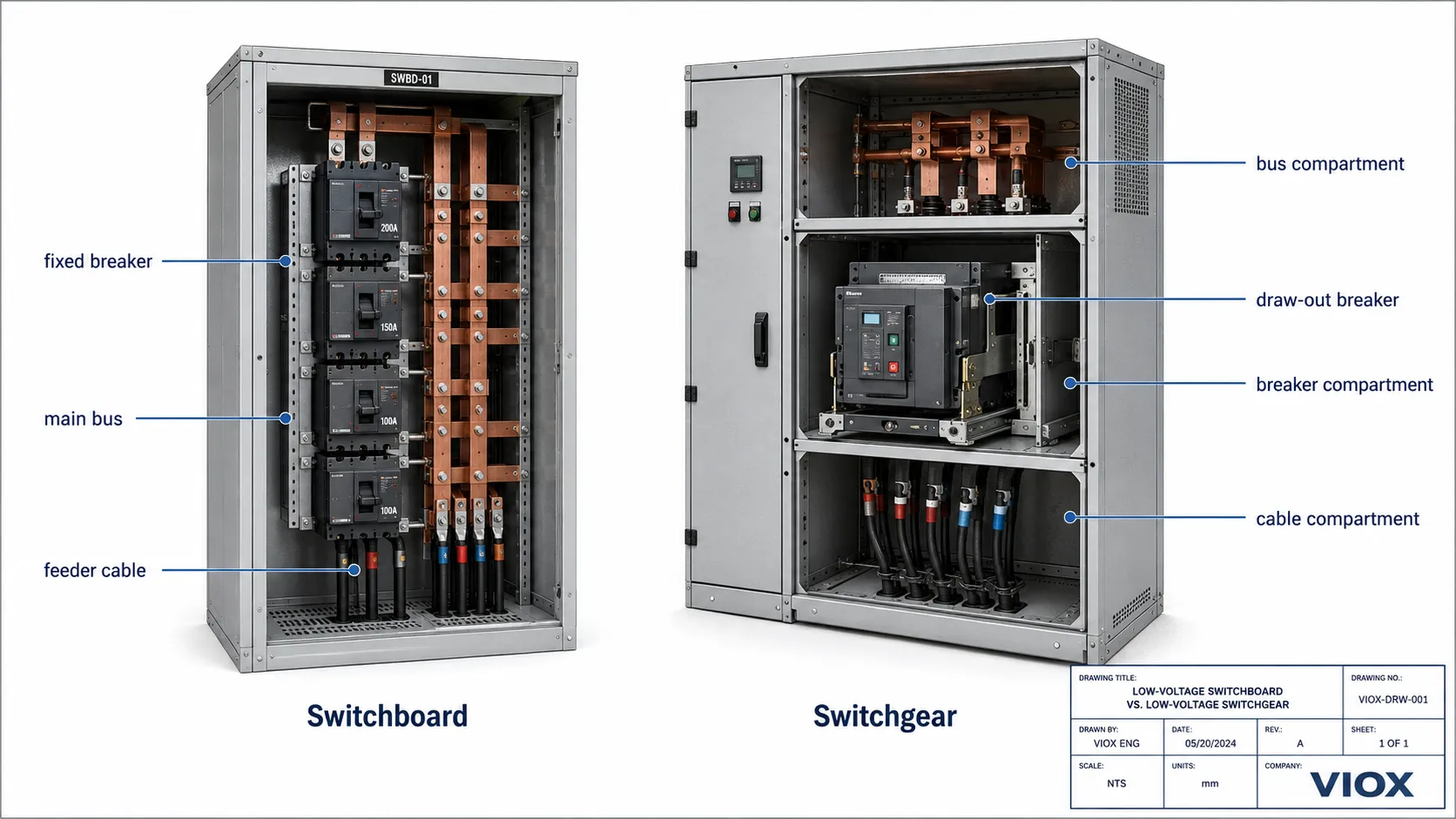 Internal structure comparison of switchboard and switchgear with fixed breakers and draw-out breakers.