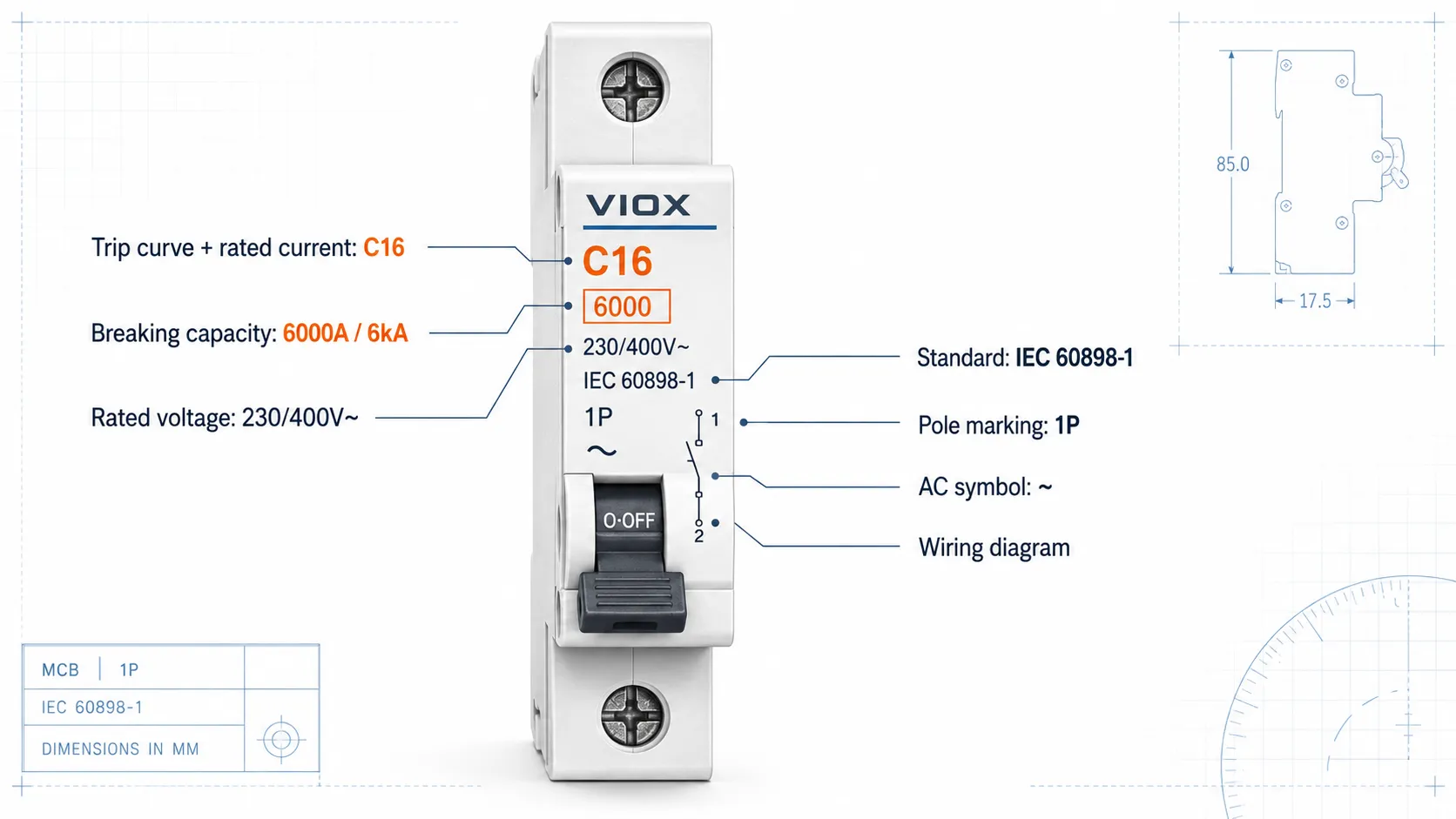 Labeled MCB nameplate showing C16 trip curve and rated current, 6000A breaking capacity, 230/400V voltage rating, IEC 60898-1 standard, pole marking, and AC symbol